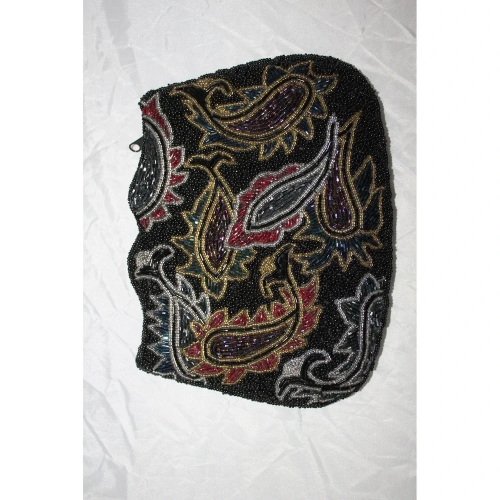VTG Carolyne Barton Beaded Paisley Clutch Evening‎ Bag Black Red Gold